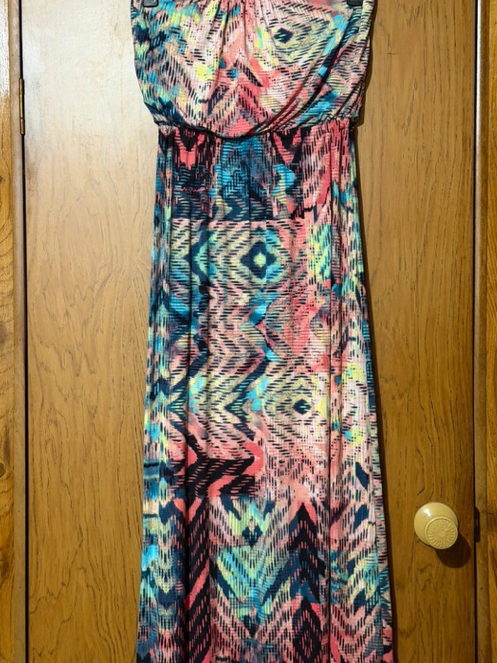 Three Hearts Strapless Maxi Dress in Coral, Teal & Navy